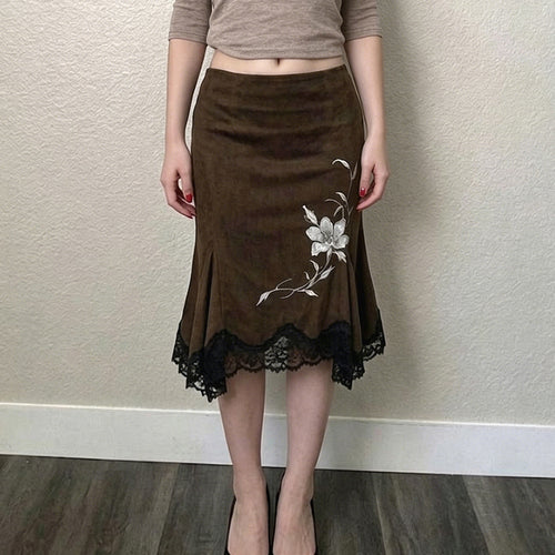Damen Midirock aus Velourslederimitat mit floraler Stickerei und Spitzenbesatz – Élara