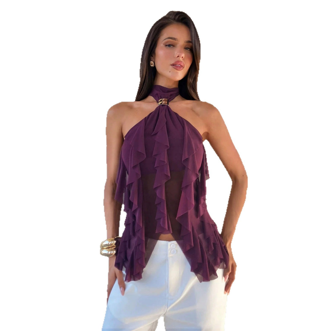 Damen nan Chiffon-Haltertop mit dekorativem Metallring und mehrlagigen Volants Echo Archiv
