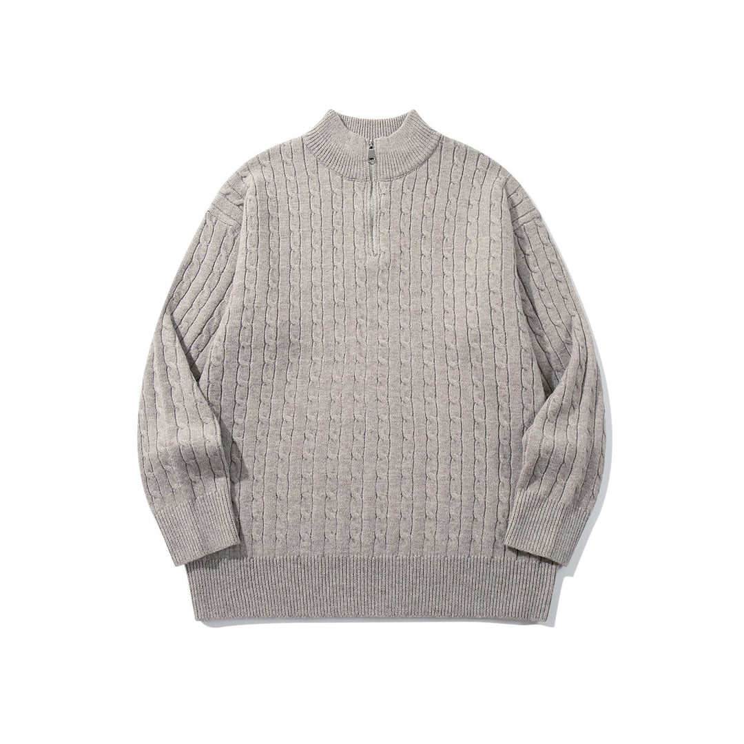 Unisex Zopfmuster-Halbzip-Strickpullover mit hohem Rippkragen und längerem Saum Echoarchiv