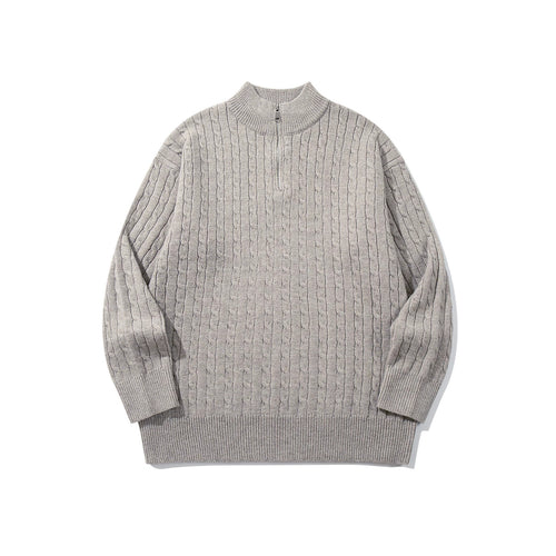 Unisex Zopfmuster-Halbzip-Strickpullover mit hohem Rippkragen und längerem Saum Echoarchiv
