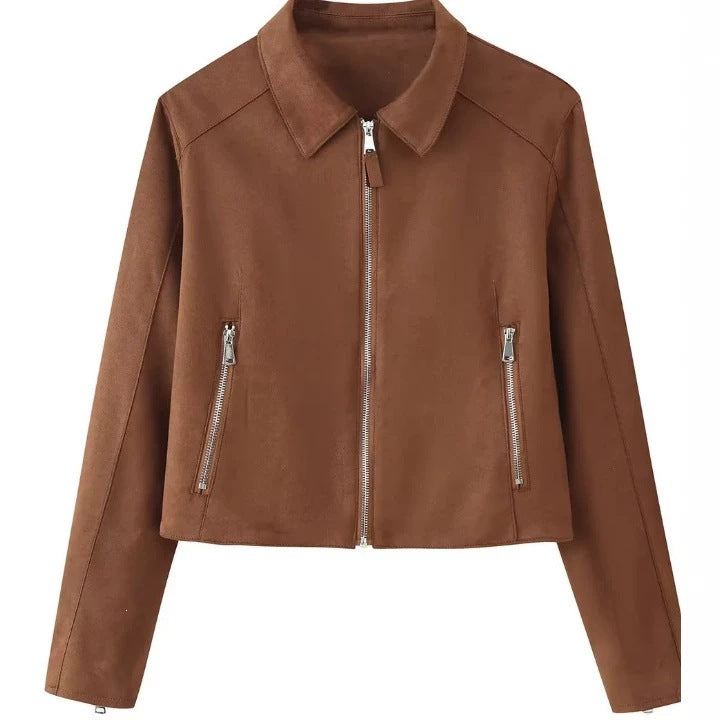 Damen Gekürzte Velourslederjacke mit Hemdkragen, durchgehendem Metallreißverschluss und Zipper-Taschen Echo Archiv