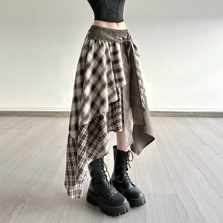 Damen asymmetrischer Wickelrock mit Karomuster und breitem Bindegürtel Echo Archiv
