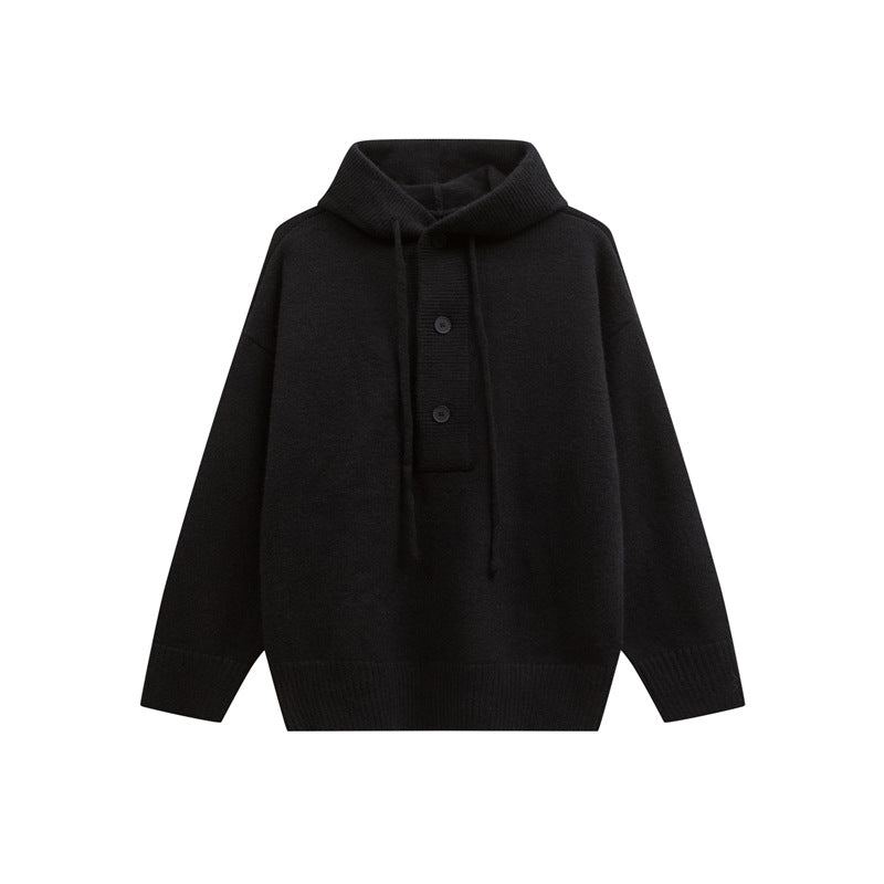 Damen Oversize Kapuzenstrickpullover mit halber Knopfleiste und Rippbündchen Echoarchiv