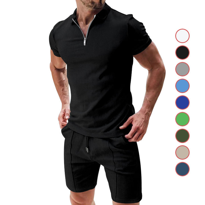 Herren nan sportives Poloshirt- und Chino-Shorts-Set mit halbem Reißverschluss, strukturiertem Jersey und dezenter Bügelfalte Echo Archiv