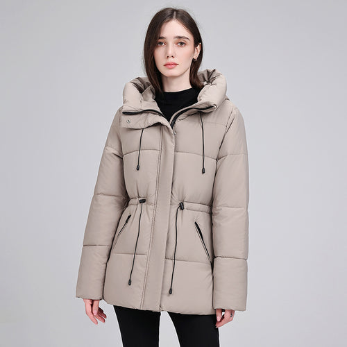 Damen wattierter Kapuzenparka mit taillierbarem Kordelzug, verdeckter Reißverschluss und Rippbündchen – Célinea