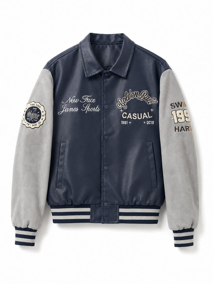 Herren Varsity-Bomberjacke im College-Stil mit Kunstleder-Körper, Veloursleder-Optikärmeln und bestickten Patches Echo Archiv