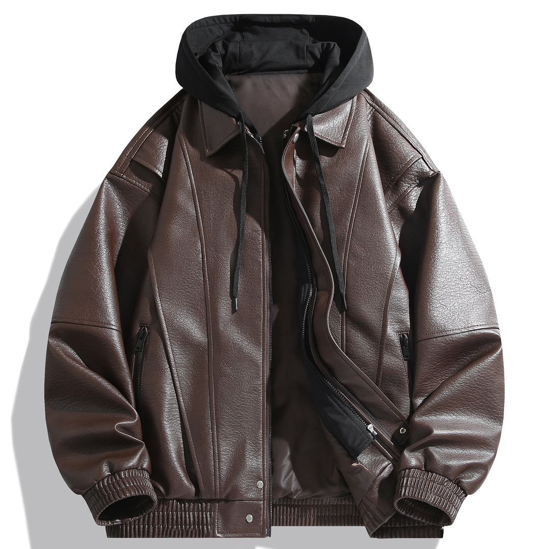 Herren Kunstlederjacke mit abnehmbarer Kapuze und funktionalen Taschen Echoarchiv