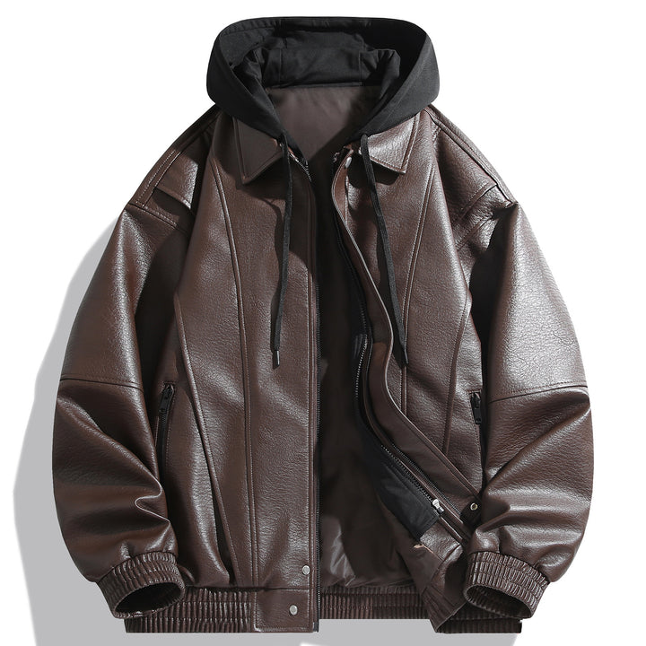 Herren Kunstlederjacke mit abnehmbarer Kapuze und funktionalen Taschen Echoarchiv