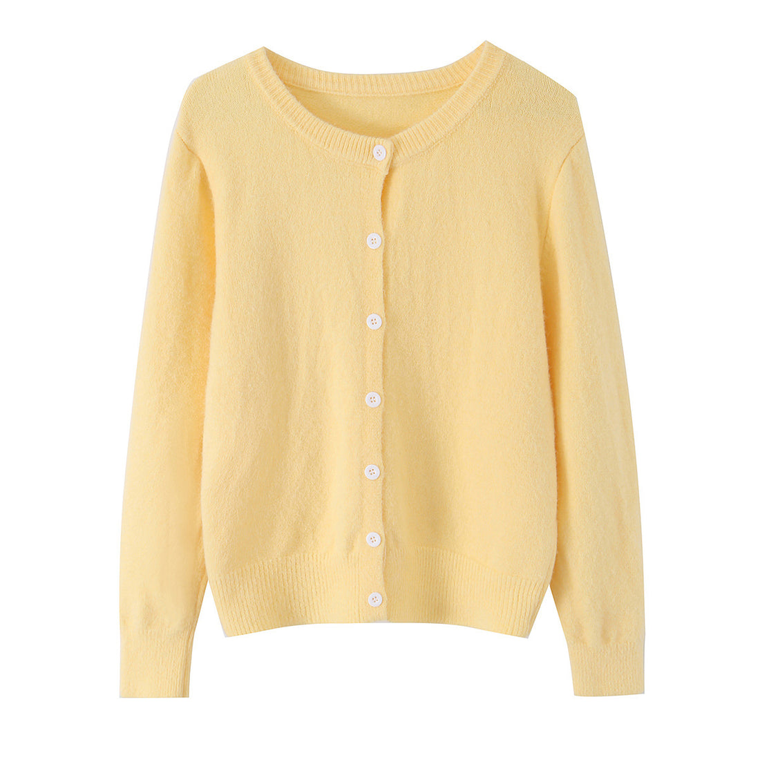 Damen Feinstrick-Cardigan mit Rundhalsausschnitt, durchgehender Knopfleiste und elastischem Rippbund – Veloura