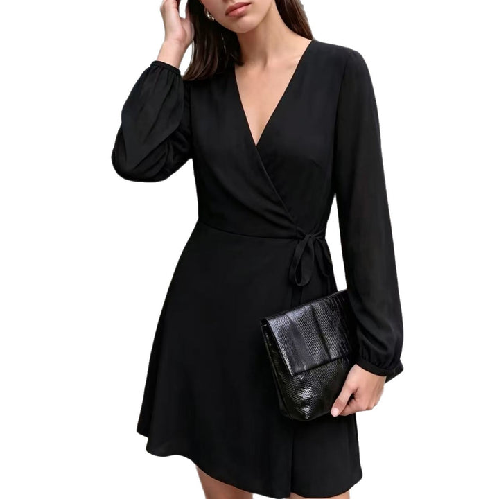 Damen Elegantes Wickel-Minikleid mit tiefem V-Ausschnitt und langen Ärmeln Echoarchiv