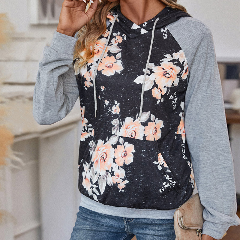 Damen Casual-Kapuzenpullover mit floralem Vintage-Print, Raglanärmeln und Kängurutasche Echoarchiv