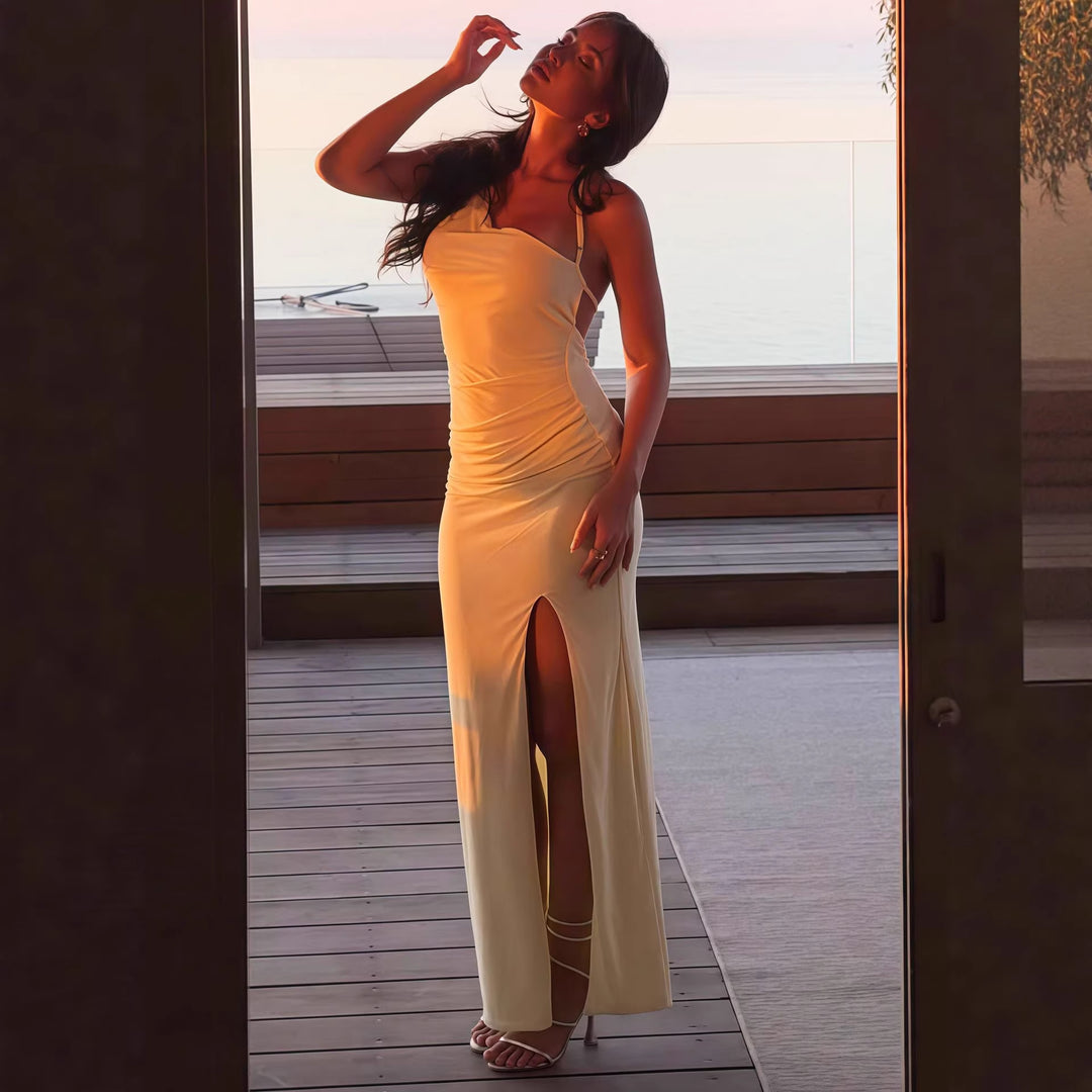 Damen Elegantes Maxikleid mit asymmetrischem Ausschnitt und Schlitz Echo Archiv