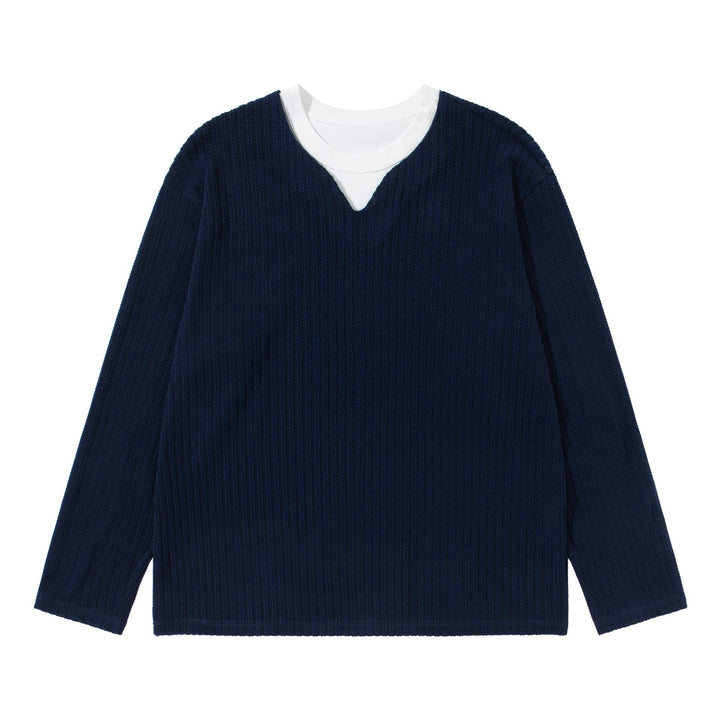 Unisex Gerippter Langarmpullover mit V-Notch und eingesetztem Rundhals-Underlayer Echoarchiv