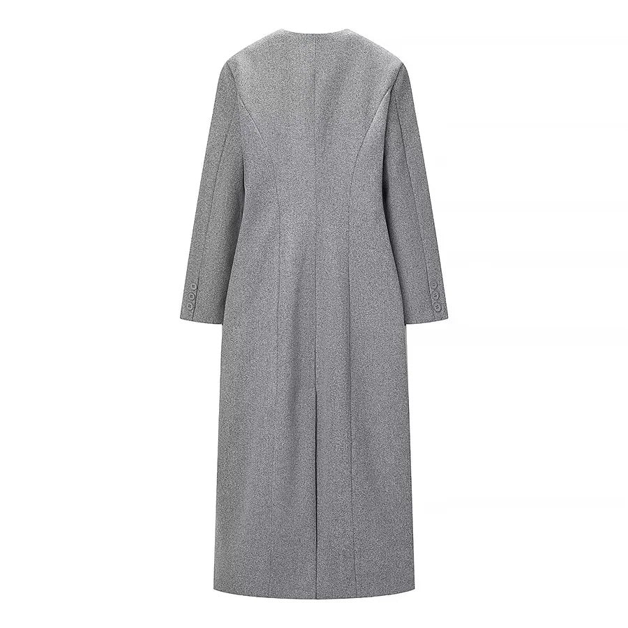 Damen asymmetrischer Maxi-Mantel mit Rundhalsausschnitt und geschwungener Knopfleiste – Montévia