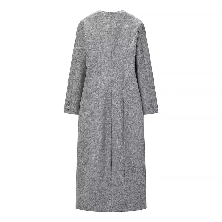 Damen asymmetrischer Maxi-Mantel mit Rundhalsausschnitt und geschwungener Knopfleiste – Montévia