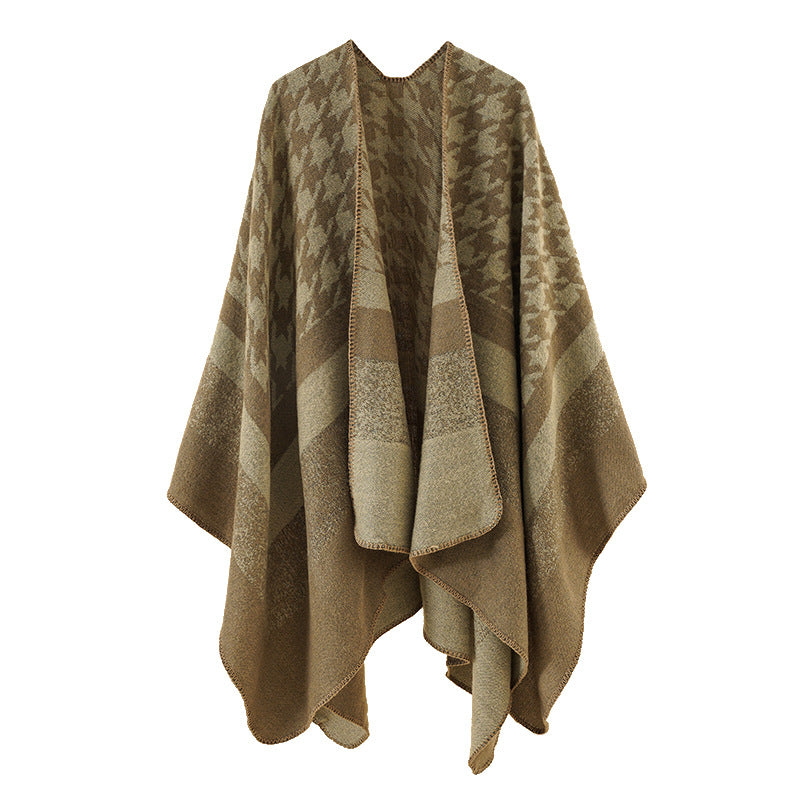 Damen Oversize‑Ruana‑Poncho aus Wollmix mit Hahnentritt- und Blockjacquard – Célinea