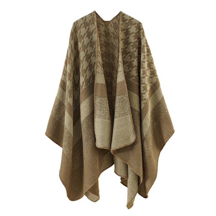 Damen Oversize‑Ruana‑Poncho aus Wollmix mit Hahnentritt- und Blockjacquard – Célinea