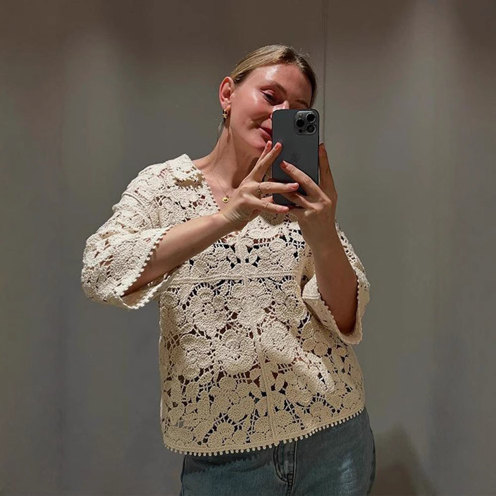 Damen Gehäkelte Bluse mit floralem Ajourmuster und dreiviertel Ärmeln Echoarchiv