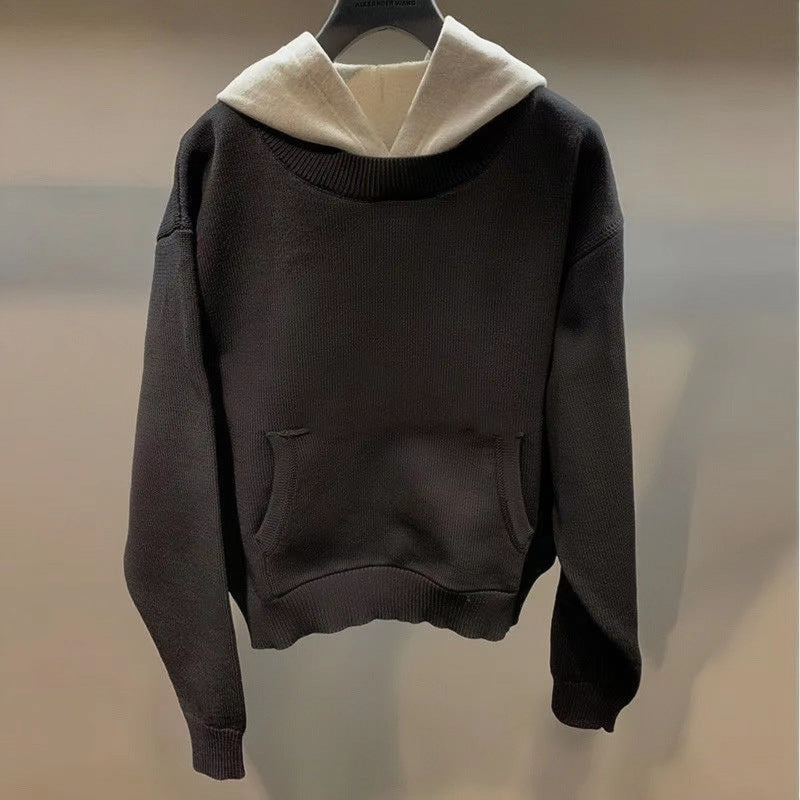 Unisex Grobgestricktes Lagenlook-Sweatshirt mit Kontrastkapuze und Kängurutasche Echoarchiv