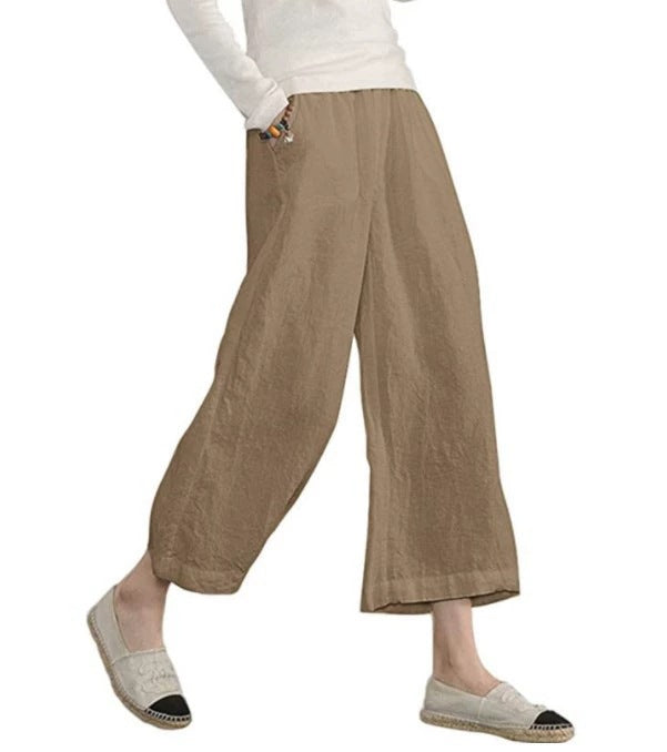Damen weite Leinenhose mit seitlichen Taschen und elastischem Bund Echoarchiv