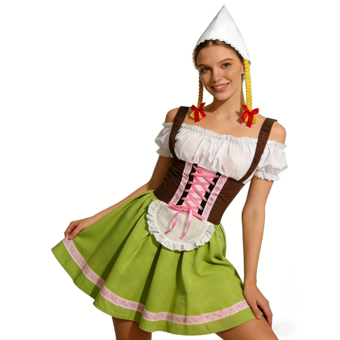 Damen nan traditionelles Oktoberfest Dirndl Kostüm mit Schnürkorsett, Schürze und Zipfelmütze Echo Archiv