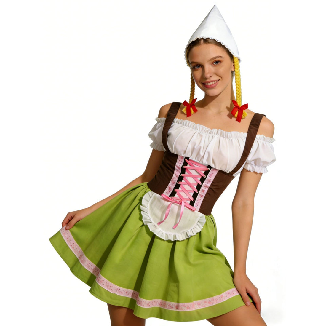 Damen traditionelles Oktoberfest Dirndl Kostüm mit Schnürkorsett, Schürze und Zipfelmütze – Valéora