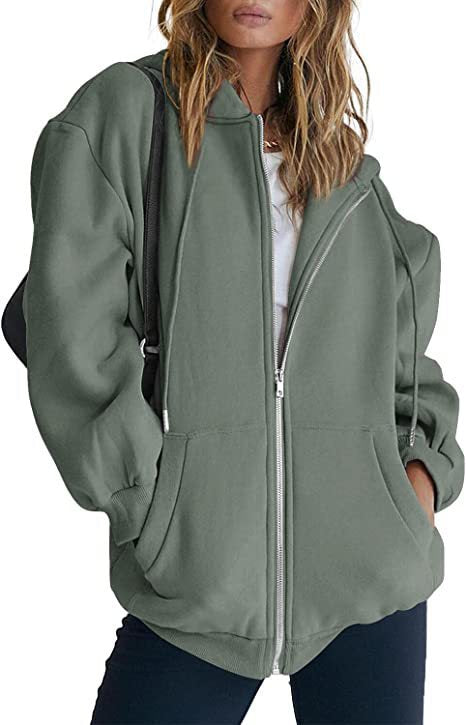 Damen übergroße Kapuzenjacke mit durchgehendem Reißverschluss und Kängurutaschen – Auréline