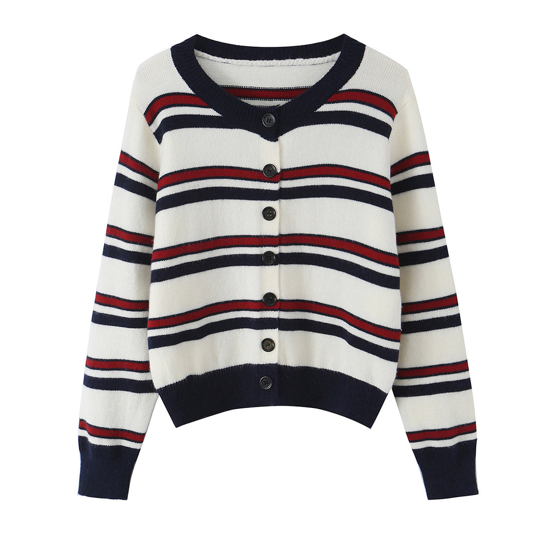 Damen nan gestreifte Strickjacke mit Knopfleiste, V-Ausschnitt und tailliertem Bund Echo Archiv