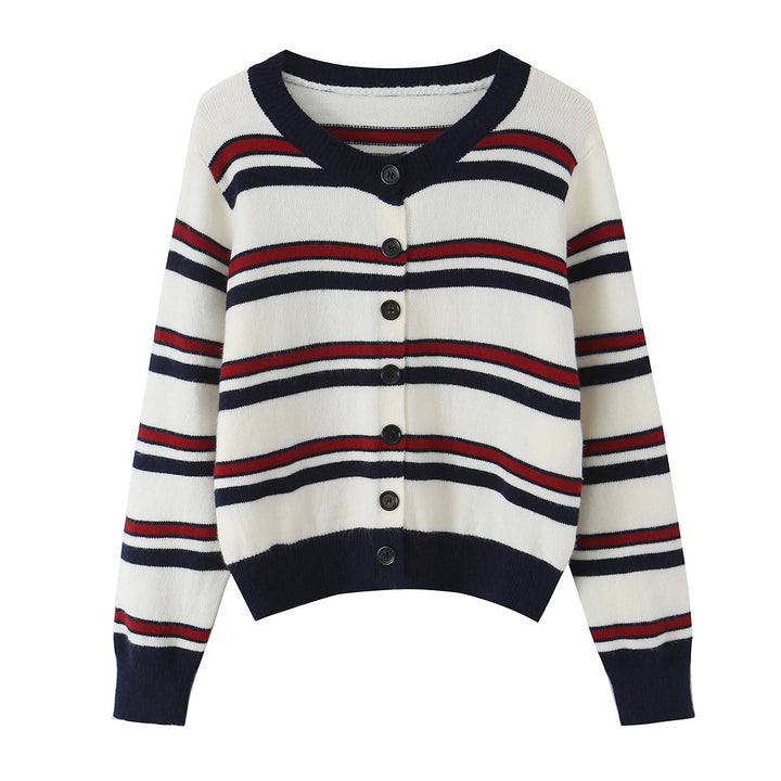 Damen nan gestreifte Strickjacke mit Knopfleiste, V-Ausschnitt und tailliertem Bund Echo Archiv