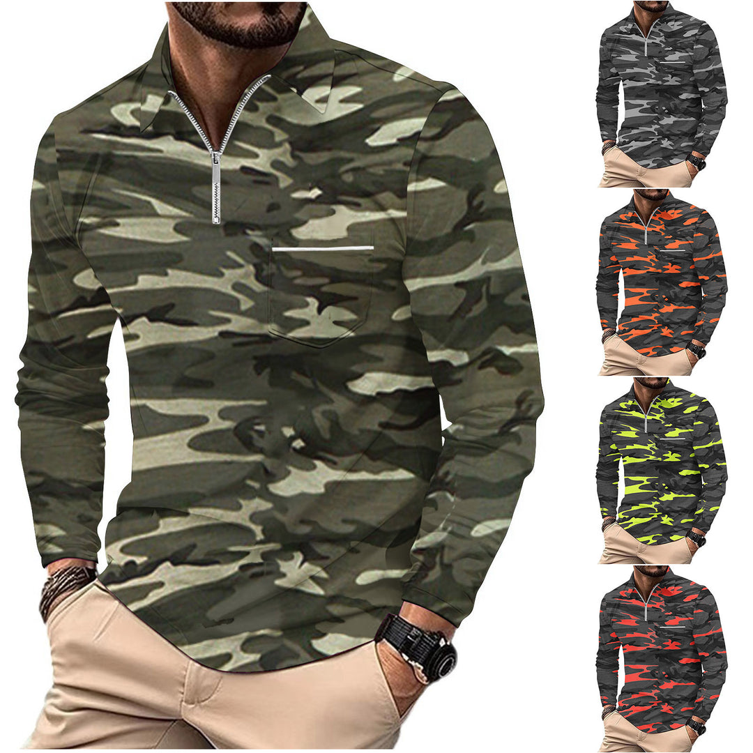 Herren Langarmshirt mit modischem Reißverschluss und Camouflage-Muster Echoarchiv