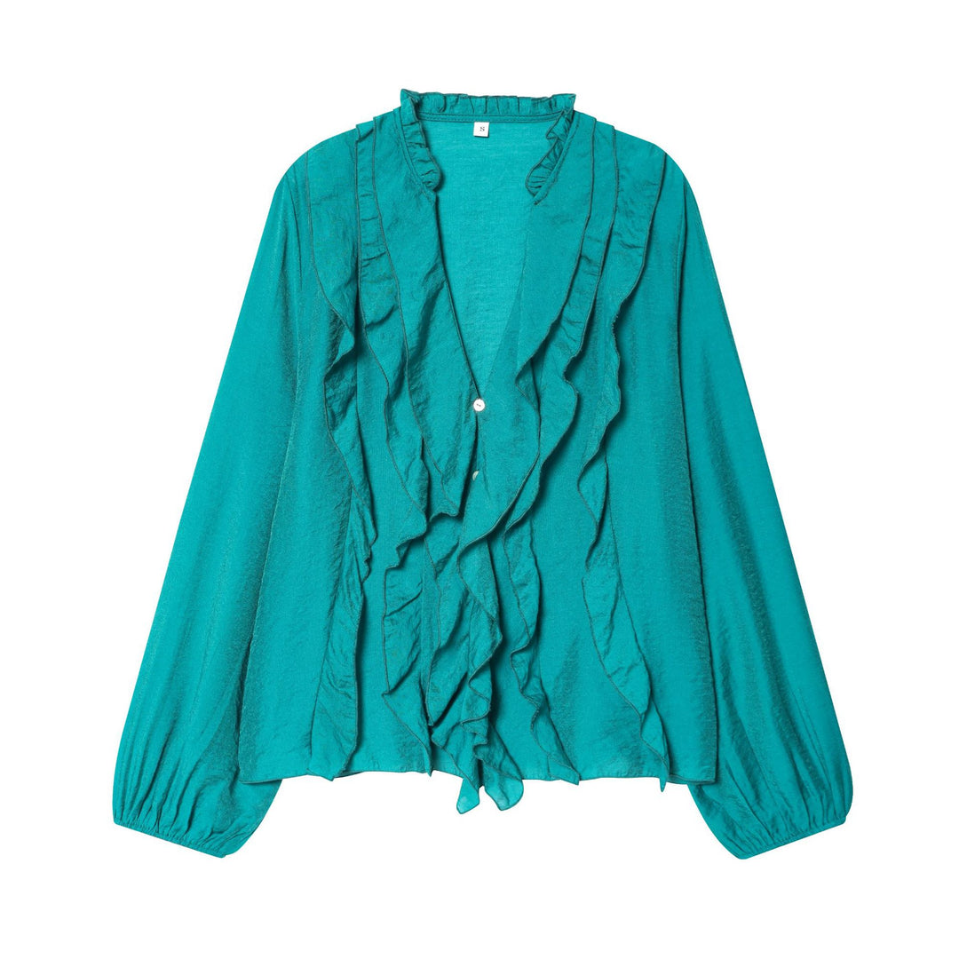 Damen seidige Rüschenbluse mit Stehkragen, Volantfront und Ballonärmeln – Élovi