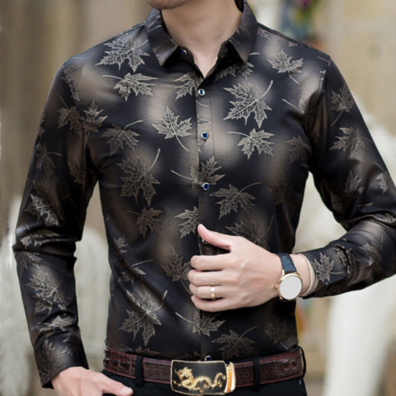 Herren Elegantes Langarmhemd mit modernem Blattmuster Echoarchiv