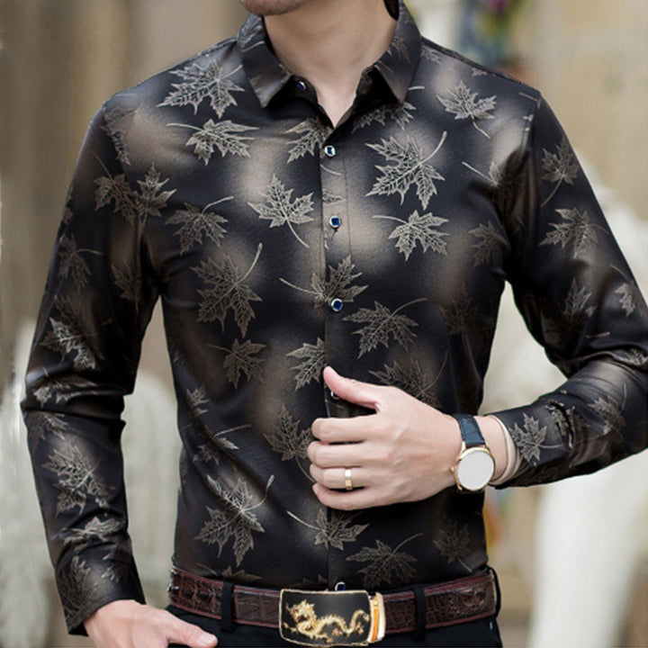 Herren Elegantes Langarmhemd mit modernem Blattmuster Echoarchiv