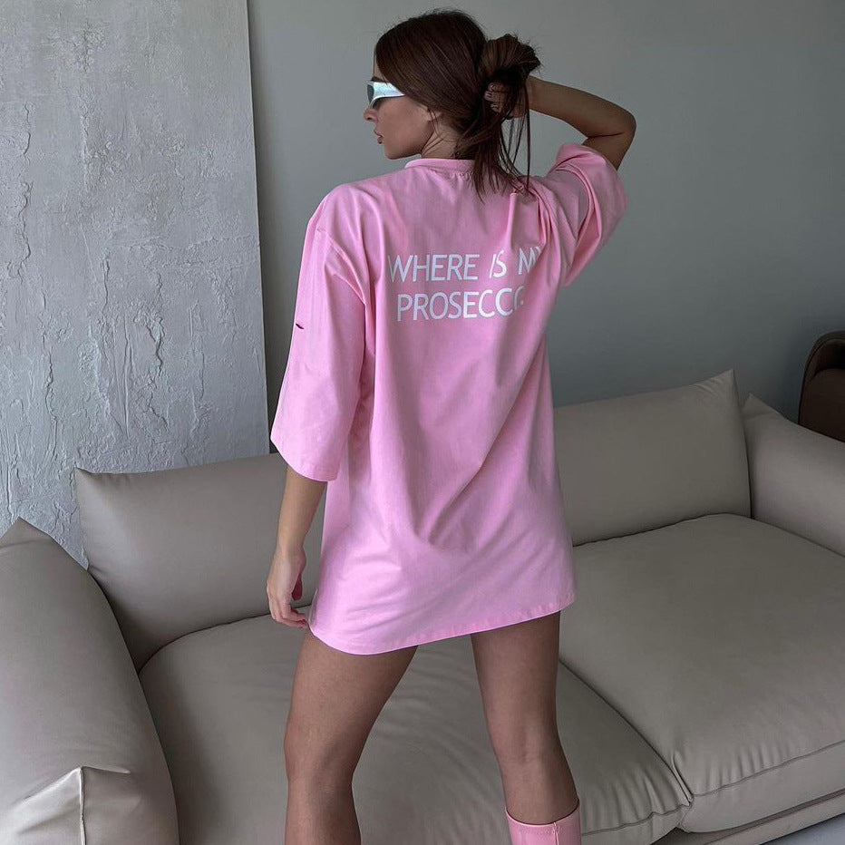 Damen oversized Longshirt mit Statement-Print, dreiviertelärmeln und lockerer Tunika-Silhouette – Avérine