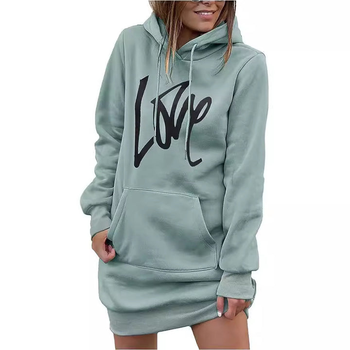 Damen Fleece-Kapuzenkleid mit Kängurutasche, Daumenlochärmeln und Oversize-Sweatshirt-Schnitt Echoarchiv