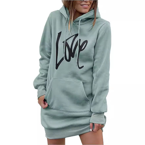 Damen Fleece-Kapuzenkleid mit Kängurutasche, Daumenlochärmeln und Oversize-Sweatshirt-Schnitt Echoarchiv