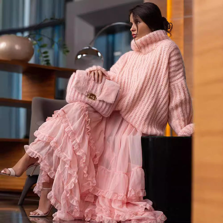 Damen Oversized Grobstrick-Rollkragenpullover mit voluminösen Ärmeln Echoarchiv