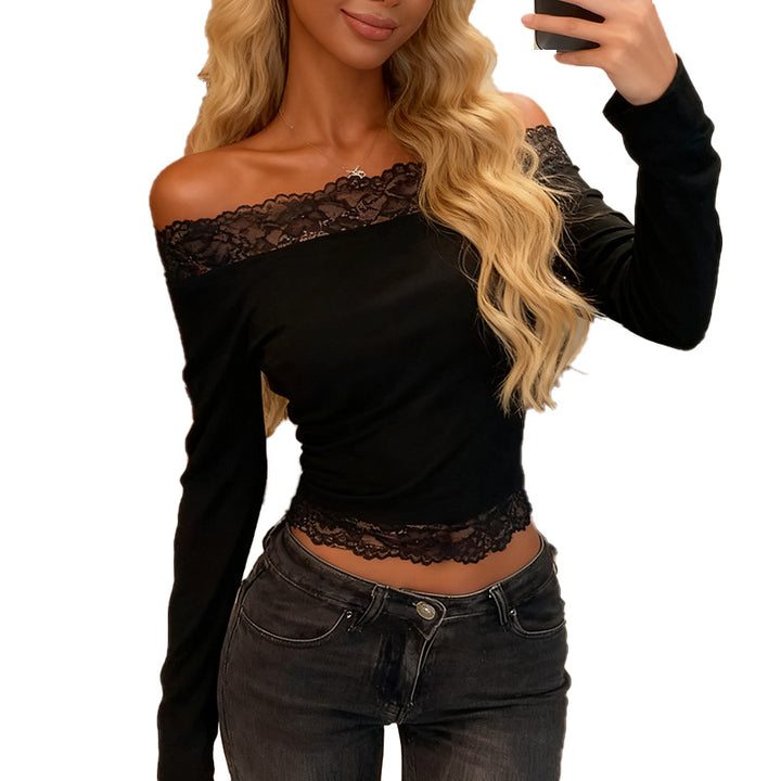 Damen elegantes Off-Shoulder Shirt mit Spitzenbesatz Echo Archiv