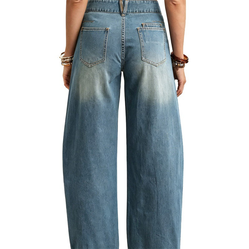 Damen Weite hochgeschnittene Jeans mit geschwungenen Nahtdetails und aufgesetzten Taschen Echo Archiv