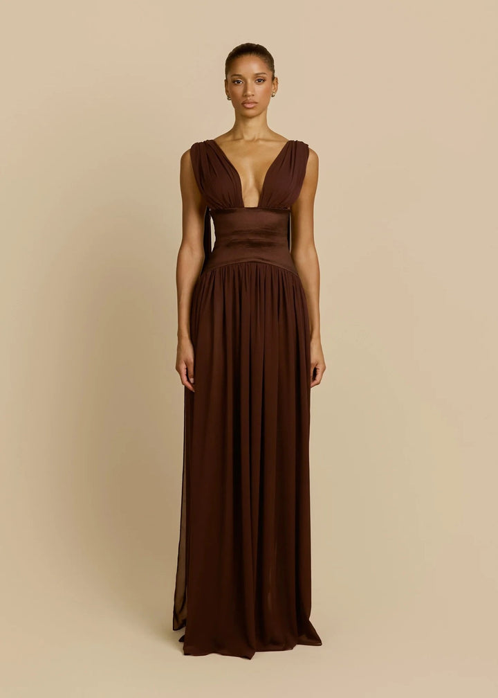Damen Elegantes Langarm-Maxikleid mit tiefem V-Ausschnitt Echo Archiv