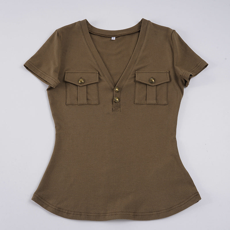 Damen Kurzarmshirt mit Knopfdetails und seitlichen Taschen Echo Archiv