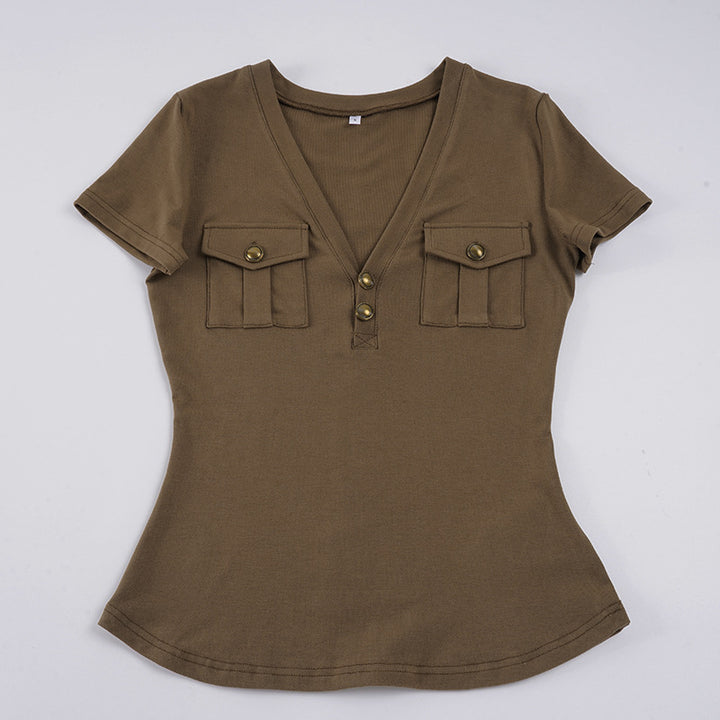 Damen Kurzarmshirt mit Knopfdetails und seitlichen Taschen Echo Archiv