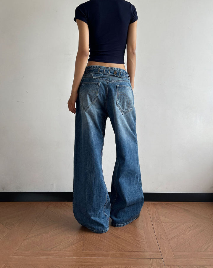 Damen Ultraweit geschnittene Canvas-Five-Pocket-Hose mit tiefer Bundlinie Echo Archiv