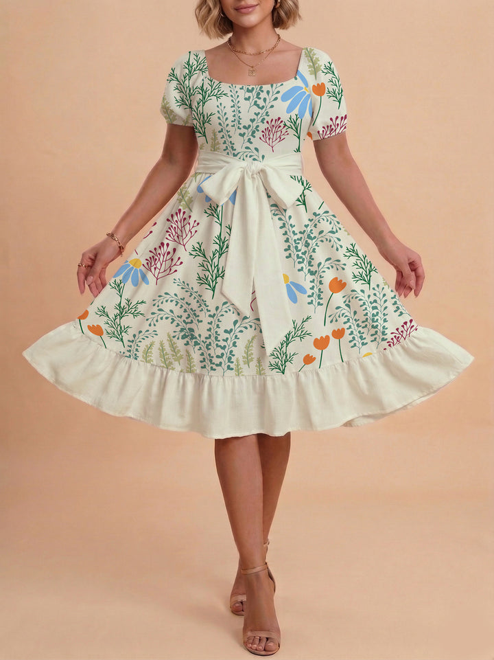 Damen modernes Blumenkleid mit elegantem Taillengürtel und asymmetrischem Saum Echo Archiv