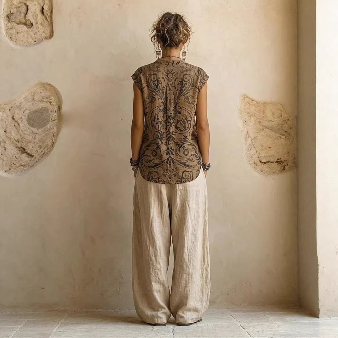 Damen Lässige Leinenhose mit hohem Bund Echo Archiv