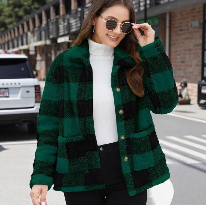 Damen nan gefütterte Karo Teddy-Fleece Shacket mit Knopfleiste und aufgesetzten Taschen Echo Archiv