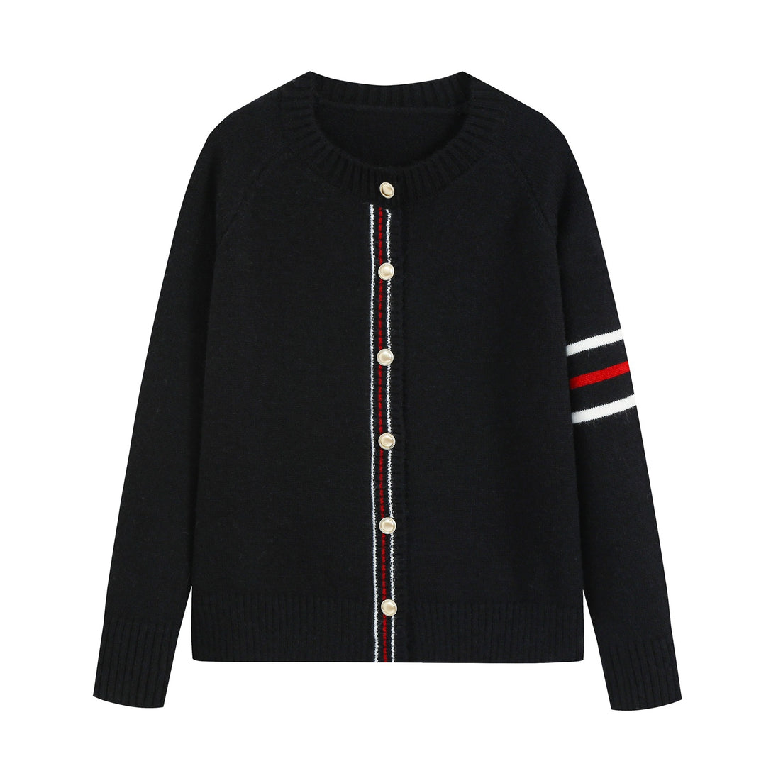 Damen Lässiger Rippstrick‑Cardigan mit Goldknöpfen und sportiven Ärmelstreifen Echo Archiv