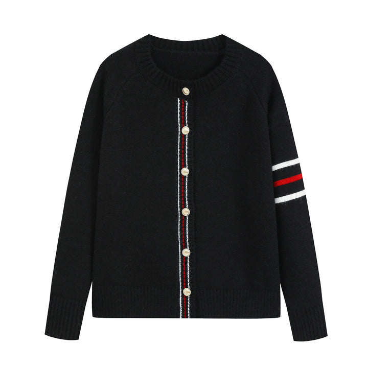 Damen Lässiger Rippstrick‑Cardigan mit Goldknöpfen und sportiven Ärmelstreifen Echo Archiv