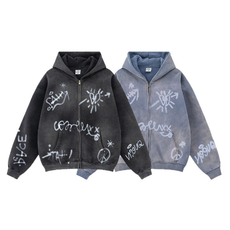 Unisex nan oversized Kapuzenjacke mit durchgehendem Reißverschluss, gebürstetem Fleecefutter und handähnlichem Sprayprint Echo Archiv