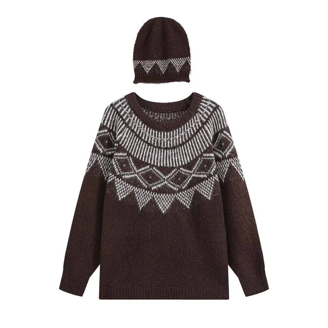 Damen Oversized Norweger-Strickpullover mit Rundhalsausschnitt und passender Mütze Echo Archiv